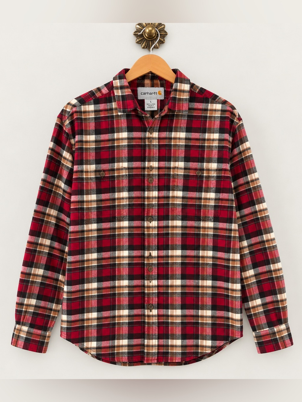Carhartt Men’s Large Plaid Flannel Button-Down Shirt Red Black Tan 100% Cotton